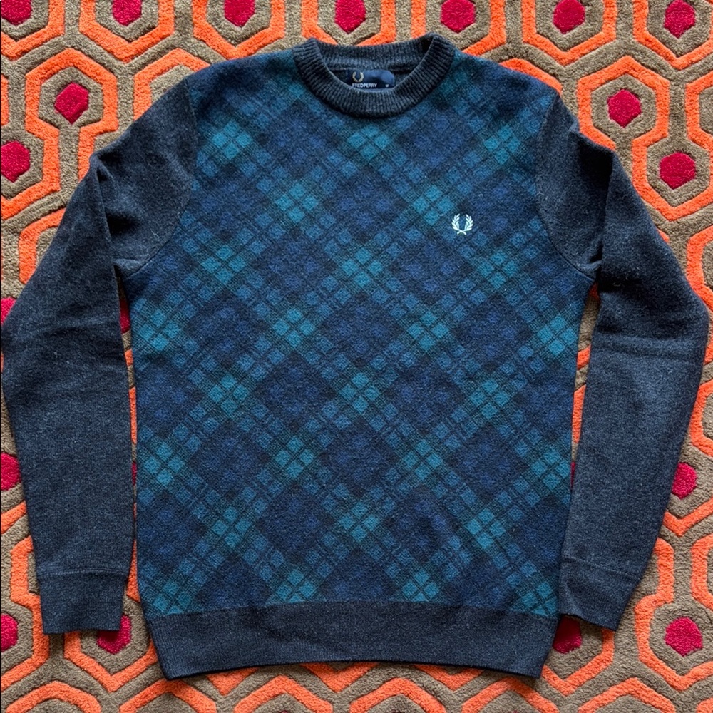 MAKE OFFER! Fred Perry Blue & Green Plaid Tartan Crewneck Wool Sweater Men's MED